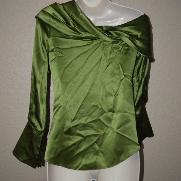 $920 Sz 2 Hellessy Green Calla Off Shoulder Silk Blouse - Picture 6 of 9